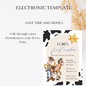 Woody First Rodeo Invite Cowboy Toy Story Birthday Invitation, Digital and Printable Woody and ...