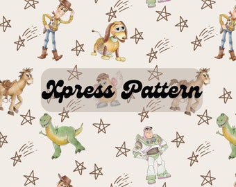 May include: A repeating pattern featuring characters from the Toy Story franchise, including Woody, Buzz Lightyear, and Rex, along with stars and shooting stars. The text "Xpress Pattern" is also included.