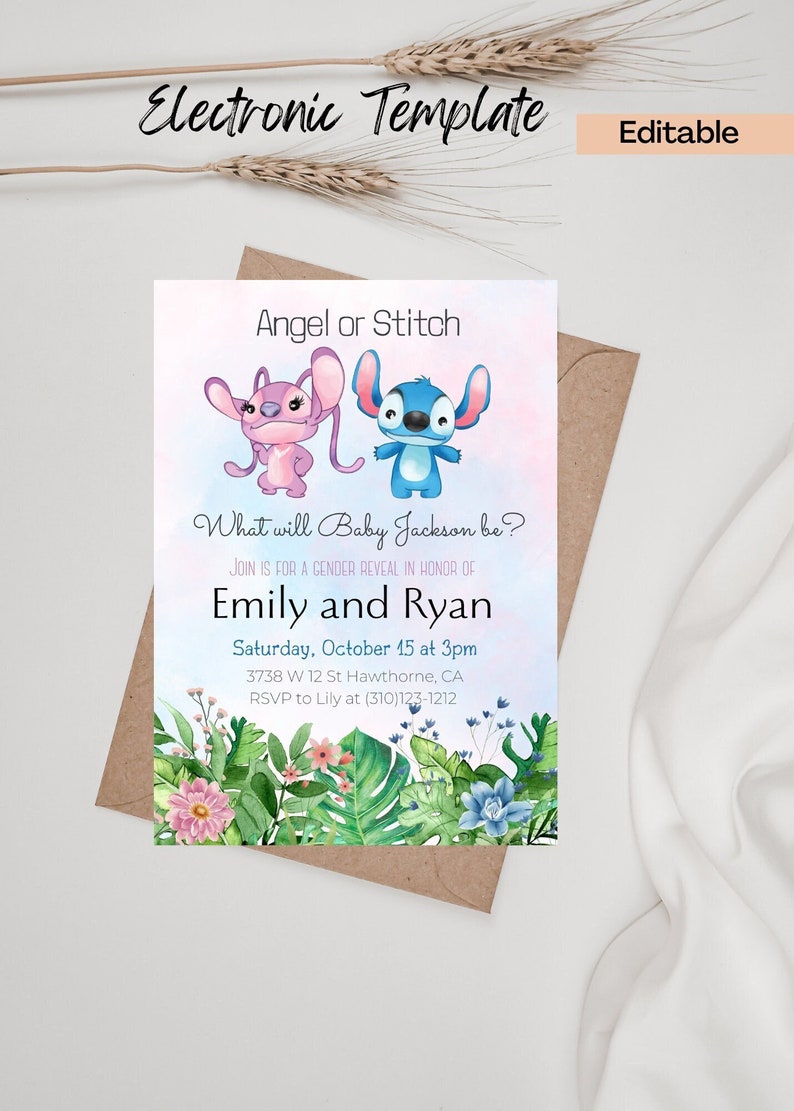 Angel and Stitch Gender Reveal Invitation Digital and Etsy
