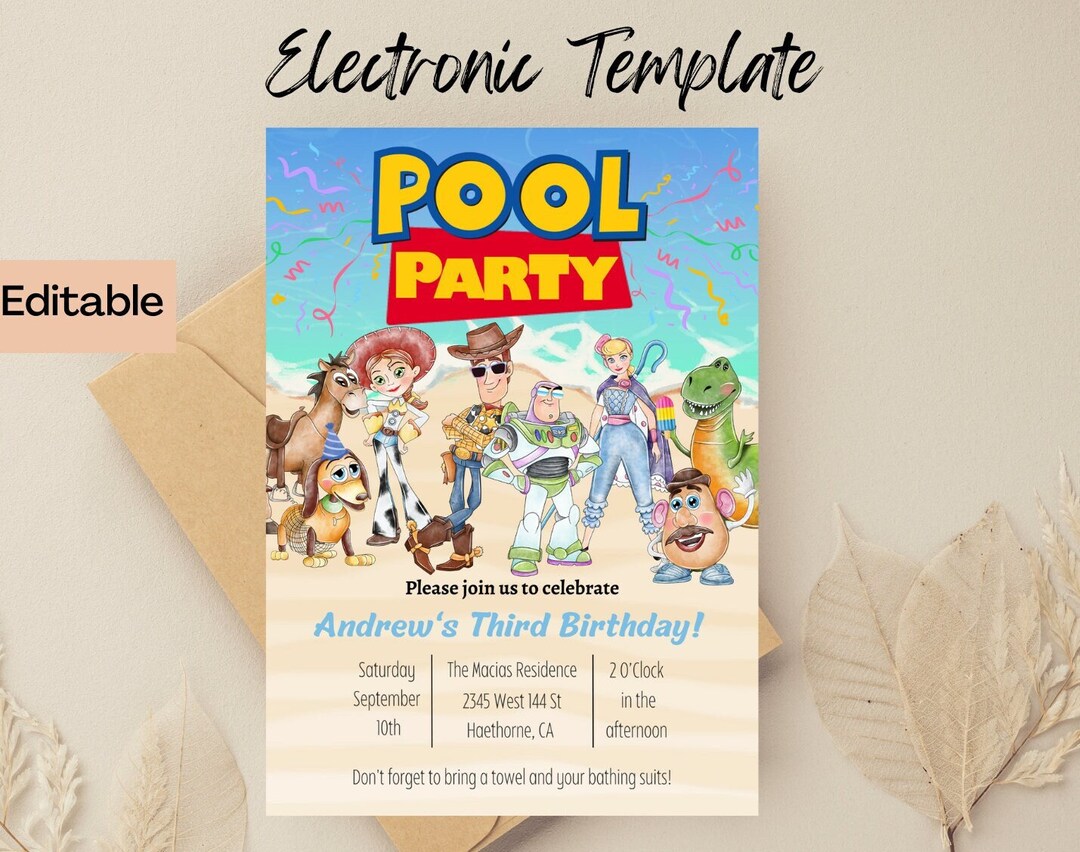 Digital and Printable Toy Story Pool Party Birthday Invitation, Digital