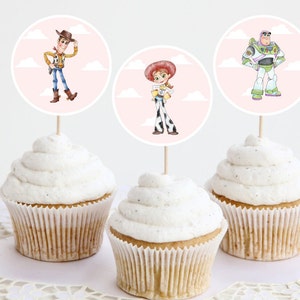 Pink Toy Story Birthday and Baby Shower Cupcake Toppers, Printable Cupcake Topper, Jessie, Woody, Buzz and Bullseye Birthday Decor
