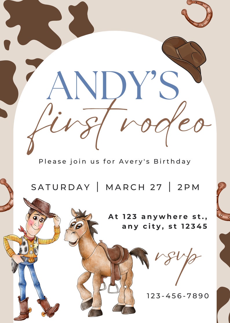 Woody First Rodeo Invite Cowboy Toy Story Birthday Invitation, Digital and Printable Woody and ...