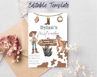 May include: Editable template for a cowboy themed party invitation. The invitation features a cartoon cowboy, a horse, a cactus, and a sign that says "Dylan's first rodeo" with the date and time of the event. The background is a brown and white cow print.
