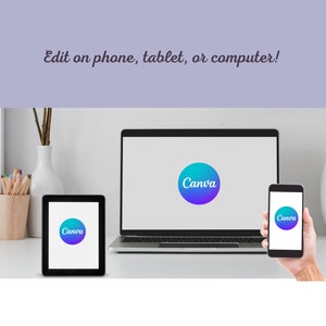 K&ouml;nnte beinhalten: Ein Laptop, ein Tablet und ein Smartphone mit dem Canva-Logo. Der Laptop ist ge&ouml;ffnet, das Tablet liegt auf einem Schreibtisch und das Telefon wird von einer Person gehalten. Der Text oben lautet: "Bearbeiten auf Telefon, Tablet oder Computer!"