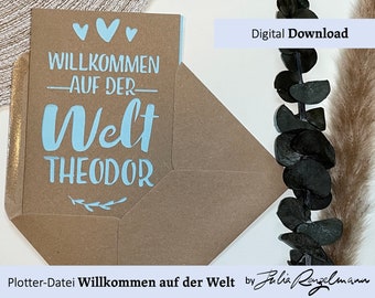 縫製パターンの赤ちゃんの誕生おめでとうカード、「世界へようこそ」をプロッター用の .svg および .png ファイルとして