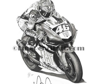 May include: A black and white pencil drawing of a motorcycle racer wearing a helmet and racing suit, riding a Yamaha motorcycle with the number 46 and the word "FIAT" on it. The drawing is signed "Valentino" in the bottom right corner.