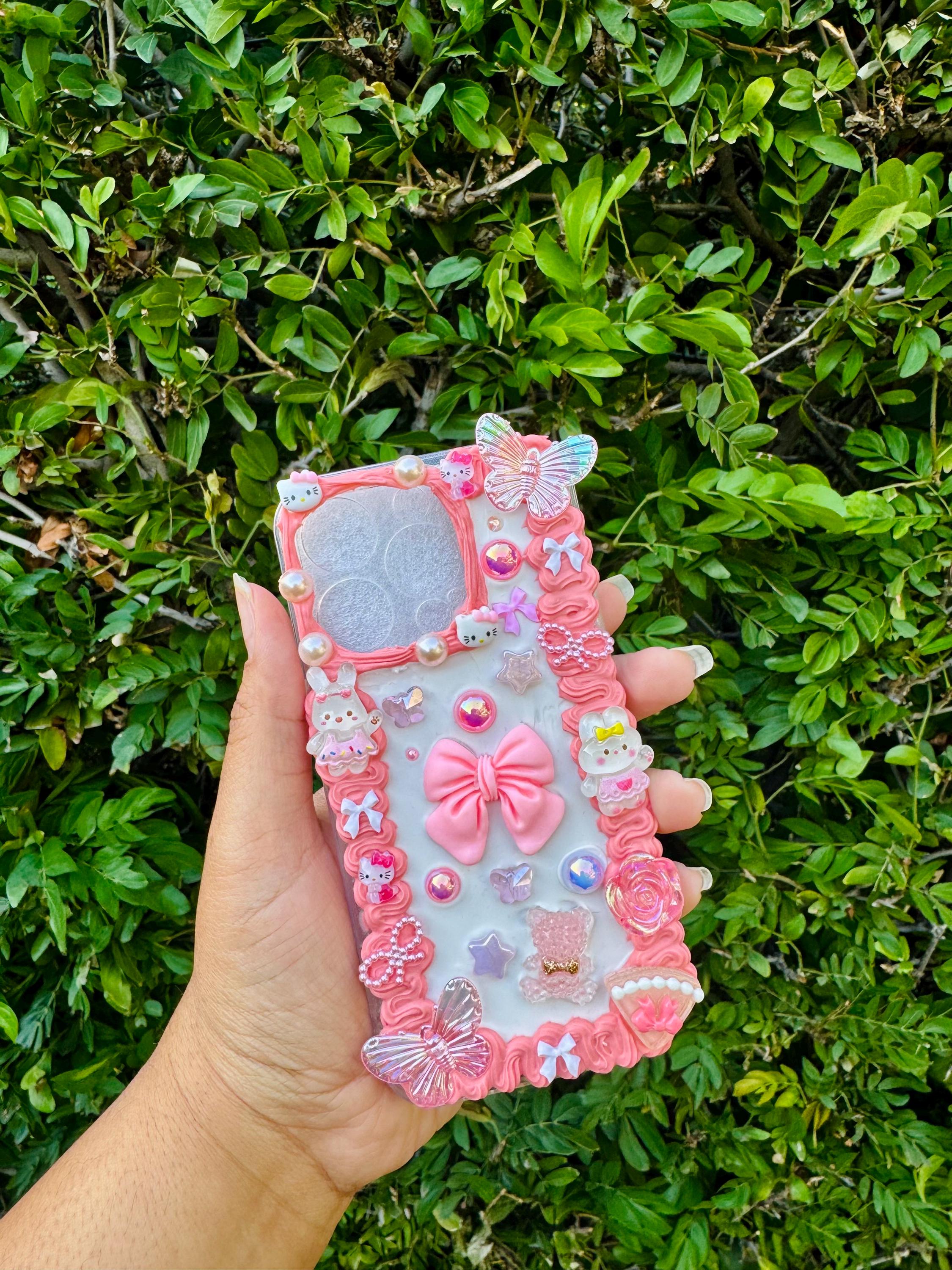Decoden Phone Case for iPhone 15Pro Junk Clutter Pink Coquette Sanrio Girly Charms Hell o Kitty White Bows Flowers Butterflies Pearls Stars