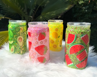 Fruit Snow Globe Tumbler: Glitter Acrylic Cup with Straw