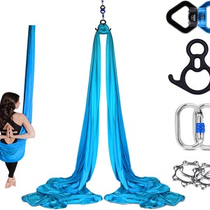 Orbsoul Aerial Silks Yoga Hammock Professional Set, 9 YARDS FREE SHIPPING Premium Aerial Nylon Tricot Silks, Full Hardware kit and Guide Pure Sky Blue