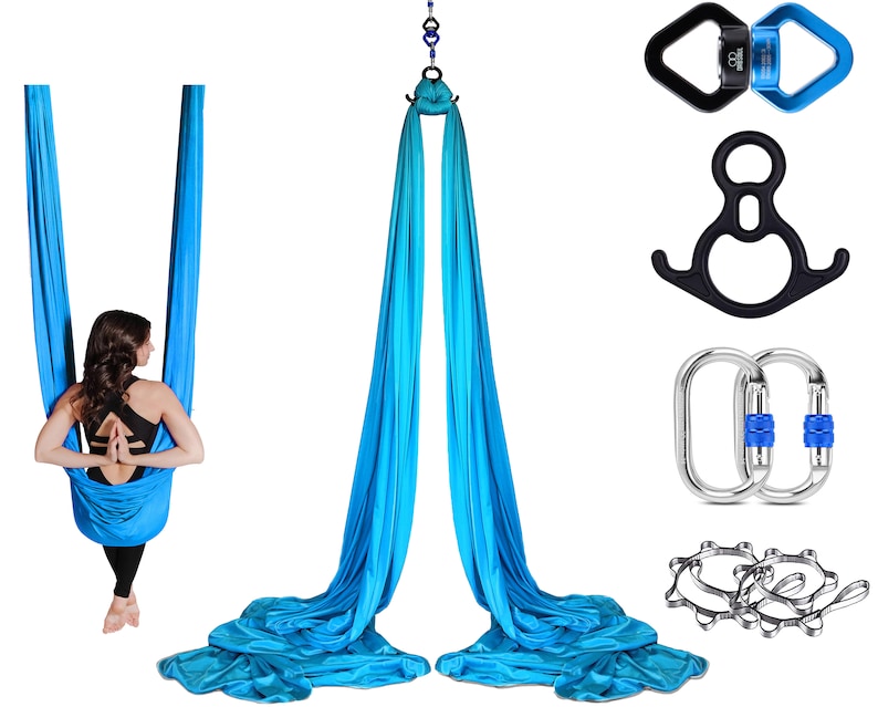 Orbsoul Aerial Silks Yoga Hammock Professional Set, 9 YARDS FREE SHIPPING Premium Aerial Nylon Tricot Silks, Full Hardware kit and Guide Pure Sky Blue