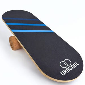 May include: A black balance board with blue stripes and a cork roller. The board has a white logo that says "ORBSOUL".