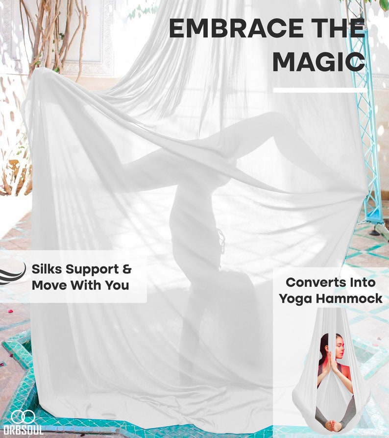 Orbsoul Aerial Silks Yoga Hammock Professional Set, 9 YARDS FREE SHIPPING Premium Aerial Nylon Tricot Silks, Full Hardware kit and Guide Iridescent Pearl