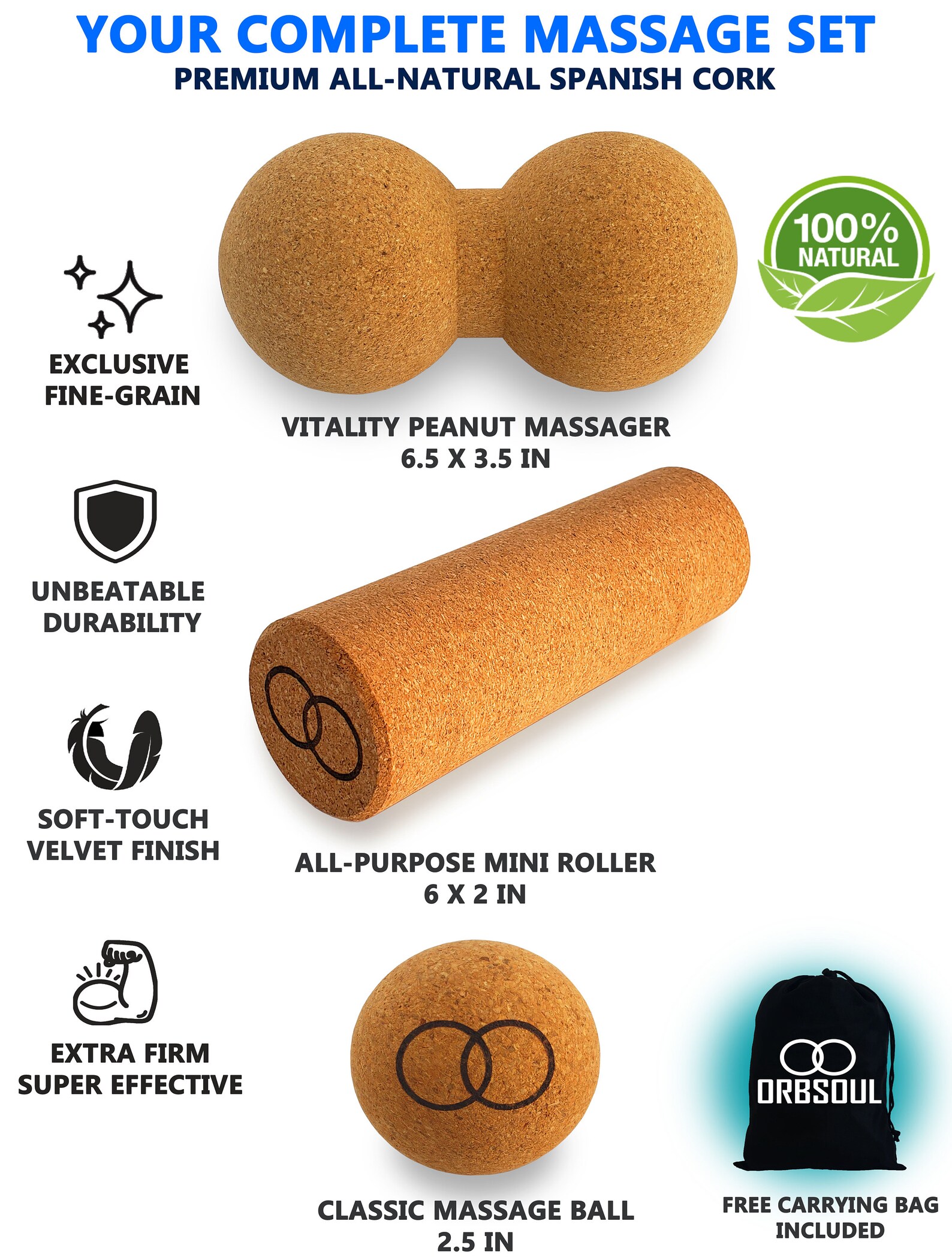 Orbsoul 3 Pc Deluxe Cork Massage Set 100 AllNatural FREE Etsy