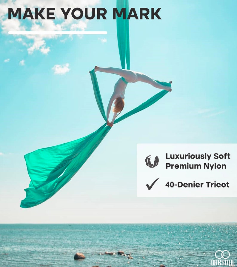 Orbsoul Aerial Silks Yoga Hammock Professional Set, 9 YARDS FREE SHIPPING Premium Aerial Nylon Tricot Silks, Full Hardware kit and Guide Brilliant Turquoise