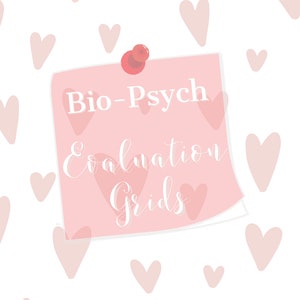 以下が含まれることがあります： ピンクの付箋に「Bio-Psych Evaluation Grids」という文字が書かれており、白い背景にピンクのプッシュピンで留められています。背景にはピンクのハートの模様が描かれています。