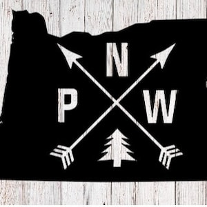 May include: Black silhouette of the state of Oregon with a white stylized tree and crossed arrows with the letters "NW" and "P" in the center.