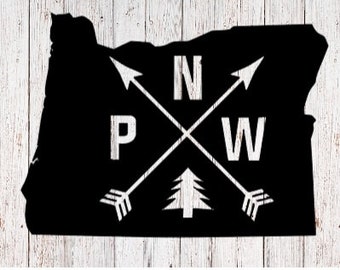 May include: Black silhouette of the state of Oregon with a white stylized tree and crossed arrows with the letters "NW" and "P" in the center.