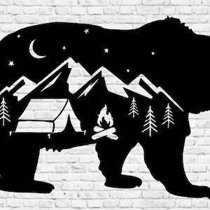 Bear Camping Scene SVG PNG: Mountain Tent, Stars (Digital Download)