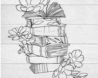 Books SVG, Stack of books, Minimalist SVG, Flowers SVG, Boho, Digital Download