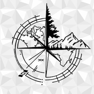 May include: Black and white compass design with four sections. The top section shows a stylized tree, the right section shows a mountain range, the bottom section shows a map of the world, and the left section shows a compass rose.