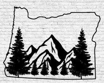 Op de afbeelding: Zwart-witte silhouet van de staat Oregon met bergen en bomen binnen de omtrek.