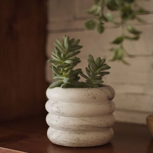 May include: A white ceramic planter with a textured, distressed finish. The planter has a rounded, stacked design and is filled with a small succulent plant.