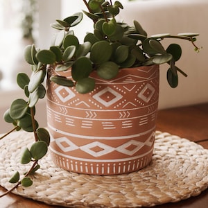 May include: A potted plant with green leaves in a terracotta pot with a white geometric pattern. The pot is sitting on a woven straw mat.