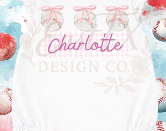 Custom Baseball Romper Pink Gingham Name | Baseball Bow Baby Outfit |