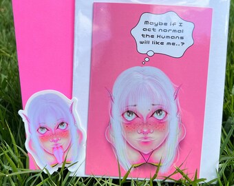 Stay Weird | Alien Babe Greeting Card Pack with matching Sticker, Cards, Stationary, Holiday, Birthday, Pink, Alien art, relatable cards