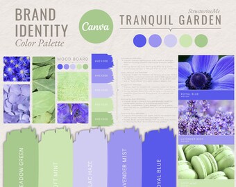 Kit tavolozza colori identità marchio / Tavolozza colori Canva modificabile con codici esadecimali / Kit branding per piccole imprese / Giardino tranquillo / Verde lilla