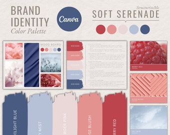 Kit tavolozza colori identità marchio / Tavolozza colori Canva modificabile con codici esadecimali / Kit branding per piccole imprese / Serenata morbida / Rosso Rosa Blu