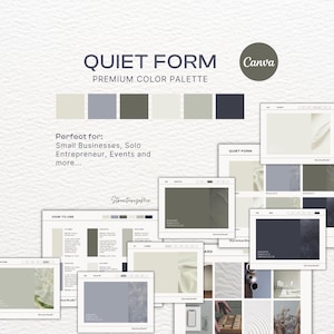 Puede incluir: Una guía de paleta de colores digital titulada Quiet Form que presenta seis muestras en tonos crema, azul pizarra, verde oliva, blanco roto, salvia y carbón. El diseño incluye texto instructivo, códigos de color e imágenes.