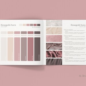 K&ouml;nnte beinhalten: Ein Farbpaletten-Leitfaden mit dem Titel "Rosegold Aura" und einer Farbkarte mit sechs Ros&eacute;gold-Farbt&ouml;nen von hell bis dunkel. Die Farbnamen sind "Champagner", "Ros&eacute;gold", "Taupe", "Lila" und "Leder". Die Hex-Codes f&uuml;r jede Farbe sind unter den Farbmustern aufgef&uuml;hrt. Der Leitfaden enth&auml;lt auch einen Abschnitt "So verwenden Sie" mit Tipps zur Verwendung der Farben im Design.