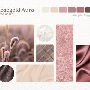 K&ouml;nnte beinhalten: Moodboard mit dem Titel "Rosegold Aura", das eine Vielzahl von Texturen und Farben in Rosat&ouml;nen, Braun- und Wei&szlig;t&ouml;nen zeigt. Die Texturen umfassen eine Nahaufnahme einer Pflanze, ein St&uuml;ck Stoff, ein St&uuml;ck Leder und ein St&uuml;ck Stein.