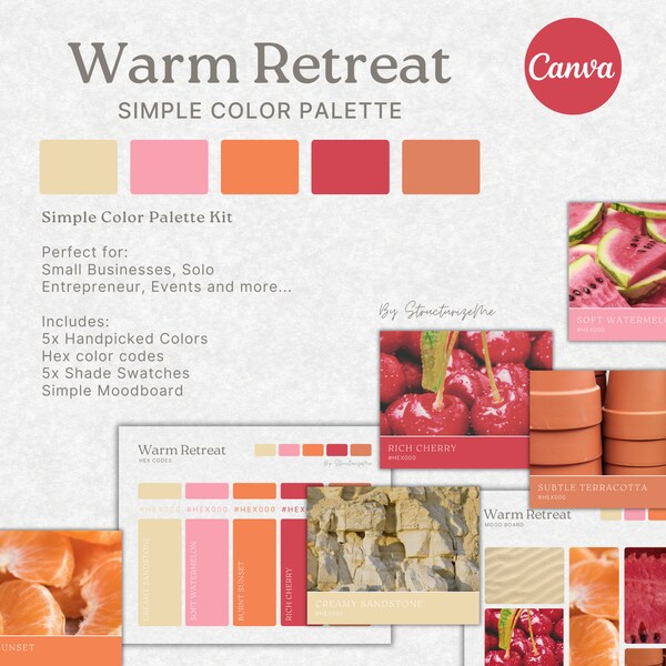 Simple Color Palette Kit | Small Business Branding | Editable in Canva | Featuring Warm Retreat | Pink, Red, Beige, Orange, Tropical, Coral