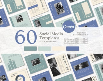 May include: A set of 60 social media templates for Instagram. The templates are in a minimalist style with a blue, green, and beige colour scheme. The text "60 Social Media Templates - For Instagram" is displayed in the centre of the image. The text "Signature - Social Media Kit" is displayed below the main text. The text "20 Square (1080x1080px), 20 Vertical (1080x1350px), 20 Stories (1080x1920px)" is displayed below the kit title.