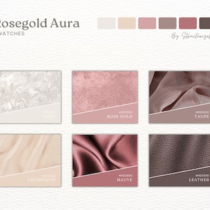 K&ouml;nnte beinhalten: Rosegold Aura Farbmuster: Eine Sammlung von sechs Farbmustern, darunter Elfenbein, Ros&eacute;gold, Taupe, Champagner, Mauve und Leder. Jedes Muster ist eine Nahaufnahme einer anderen strukturierten Oberfl&auml;che.
