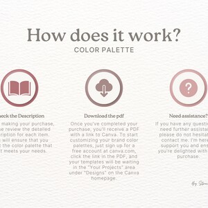K&ouml;nnte beinhalten: Eine rosa und wei&szlig;e Grafik mit drei Symbolen: ein offenes Buch, eine Wolke mit einem Download-Pfeil und ein Fragezeichen. Der Text "How does it work?" befindet sich oben auf der Grafik. Der Text "Color Palette" befindet sich unter dem Text "How does it work?" Der Text "Check the Description" befindet sich unter dem Buchsymbol. Der Text "Download the pdf" befindet sich unter dem Wolkensymbol. Der Text "Need assistance?" befindet sich unter dem Fragezeichen. Der Text "By Structurizethe" befindet sich unten auf der Grafik.