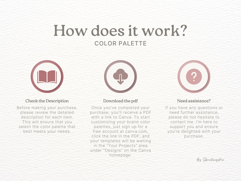K&ouml;nnte beinhalten: Eine rosa und wei&szlig;e Grafik mit drei Symbolen: ein offenes Buch, eine Wolke mit einem Download-Pfeil und ein Fragezeichen. Der Text "How does it work?" befindet sich oben auf der Grafik. Der Text "Color Palette" befindet sich unter dem Text "How does it work?" Der Text "Check the Description" befindet sich unter dem Buchsymbol. Der Text "Download the pdf" befindet sich unter dem Wolkensymbol. Der Text "Need assistance?" befindet sich unter dem Fragezeichen. Der Text "By Structurizethe" befindet sich unten auf der Grafik.