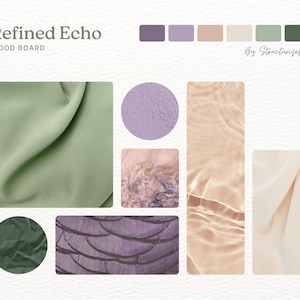 Puede incluir: Mood board con una paleta de colores p&uacute;rpura, beige y verde. El tablero presenta im&aacute;genes de tela, papel arrugado y agua.