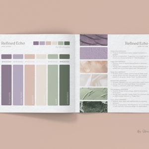 Puede incluir: Una gu&iacute;a de paleta de colores llamada "Refined Echo" con un esquema de colores morado, lavanda, beige, verde salvia y verde oscuro. La paleta de colores se muestra en un formato de cuadr&iacute;cula con los c&oacute;digos hexadecimales de cada color enumerados debajo de las muestras de color.