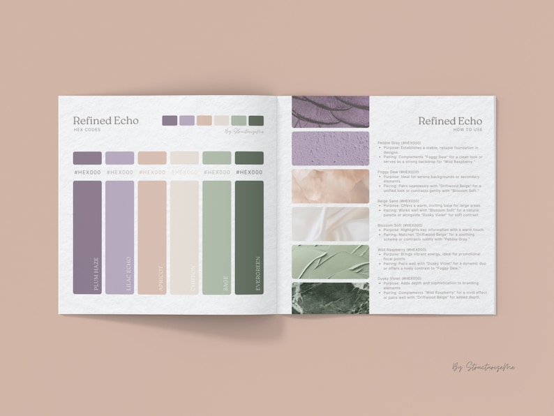 Puede incluir: Una gu&iacute;a de paleta de colores llamada "Refined Echo" con un esquema de colores morado, lavanda, beige, verde salvia y verde oscuro. La paleta de colores se muestra en un formato de cuadr&iacute;cula con los c&oacute;digos hexadecimales de cada color enumerados debajo de las muestras de color.