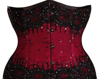 Red Satin Black Sequins Underbust Handmade Corset Halloween Costume Gothic  Bustier Top 