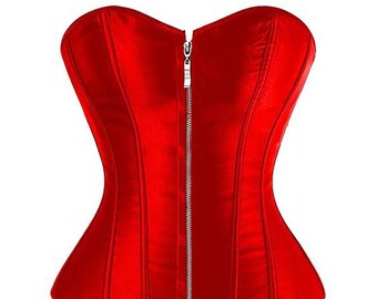 Red Satin Handmade Overbust Zipper Corset Gothic Christmas Costume Bustier Top