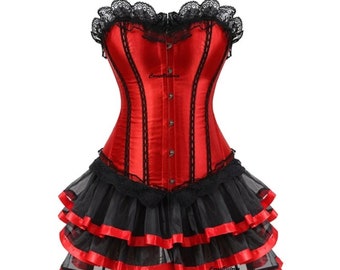 Red and Black Overbust Satin Corset Dress With Skirt Bustier Halloween Costume