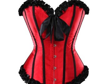 Red Satin Black Stripe Overbust Corset Plus Size Gothic Costume Waist Training