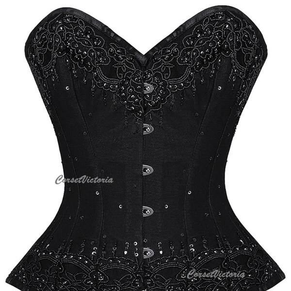 Satin noir paillettes faites à la main travail Overbust Corset gothique Costume Steampunk Bustier haut