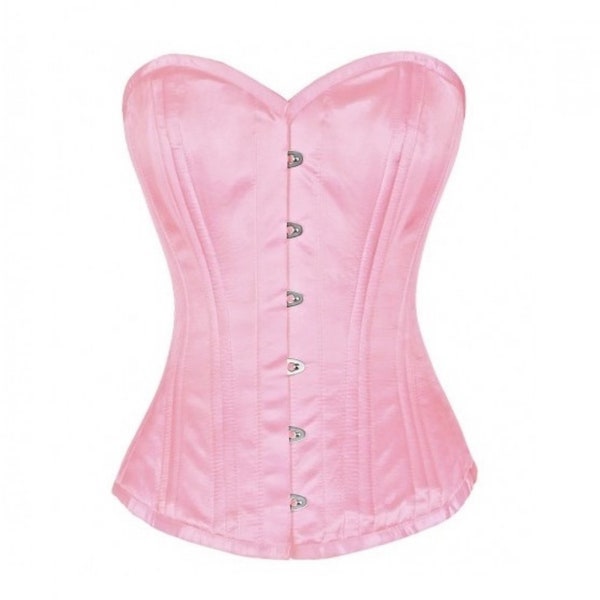 Corsetto overbust in raso rosa con doppio osso, costume steampunk, top bustier per allenamento in vita