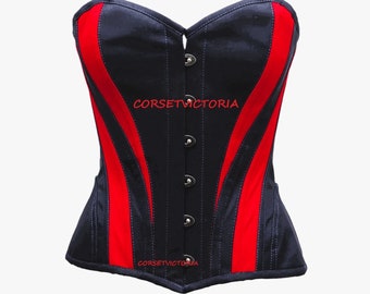 Black And Red Satin Hand Made Steel Boned Overbust Corset Gothic Christmas Costume Bustier Top