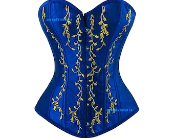 Blue Satin With Embroidery Work Over Bust Handmade Corset Costume Women's Bustier Top